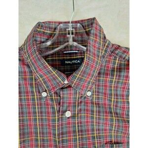 Nautica Mens XL Shirt Button Down Wrinkle Resistant L/S Red Black Plaid